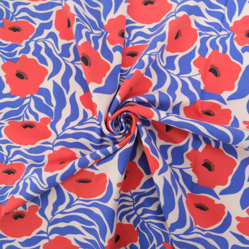 Tejido de jersey de algodón en rojo amapola y azul - Maison Klem
